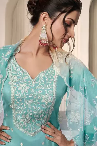 Sky blue color monga silk embroidered suit