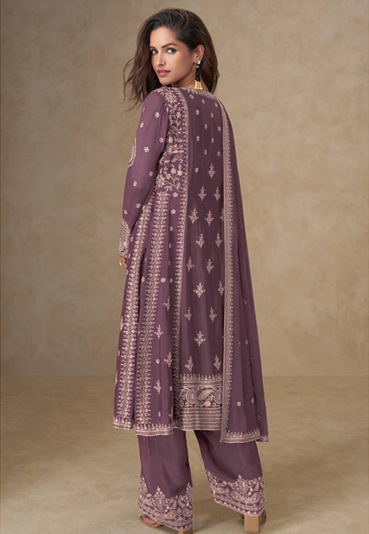 Dark mauve chinon sequince work suit 