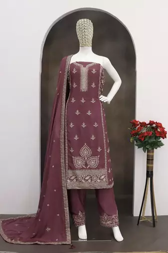 Dark mauve chinon sequince work suit 