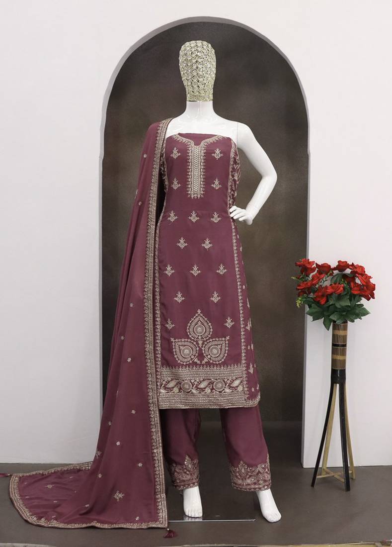 Dark mauve chinon sequince work suit 