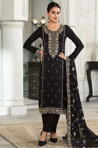 Black moonga silk embroidered pant style suit