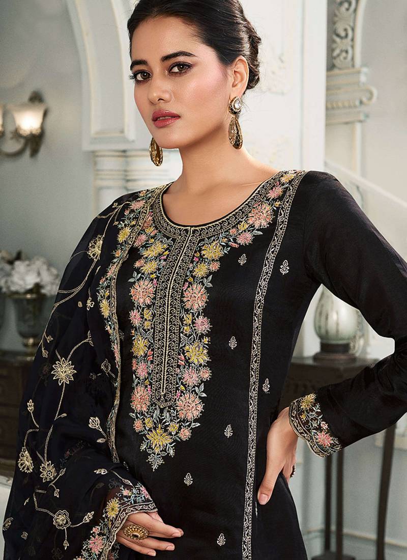 Black moonga silk embroidered pant style suit