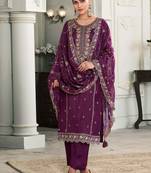 Dark purple moonga silk embroidered pant style suit