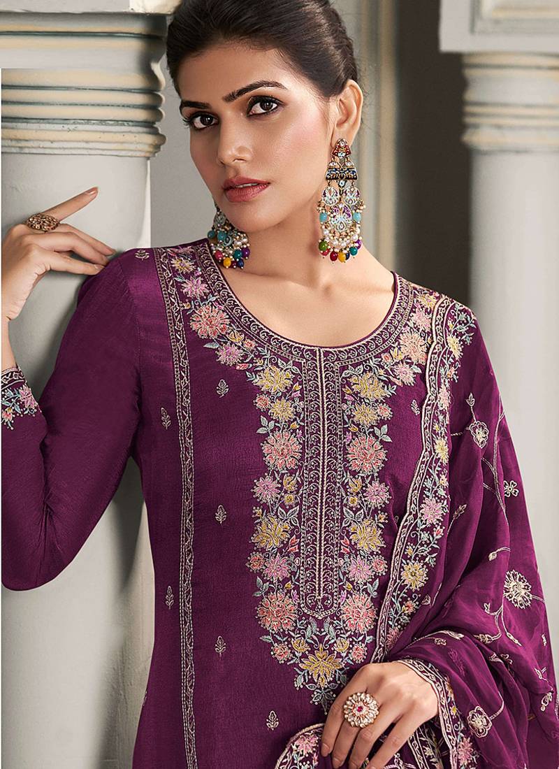 Dark purple moonga silk embroidered pant style suit
