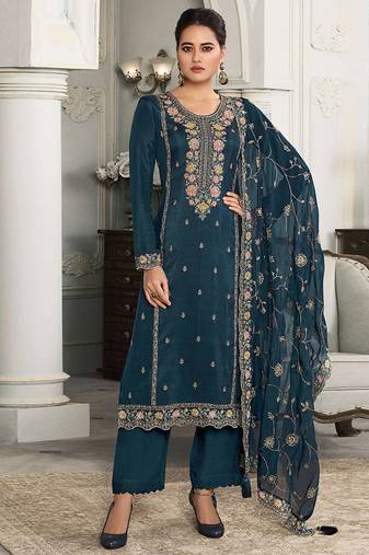 Dark teal moonga silk embroidered pant style suit