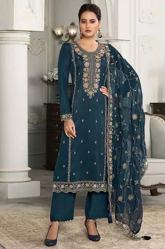 Dark teal moonga silk embroidered pant style suit