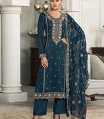 Dark teal moonga silk embroidered pant style suit