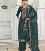 Dark green moonga silk embroidered pant style suit