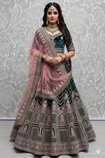 teal blue embroidered velvet bridal lehenga set choli with dupatta