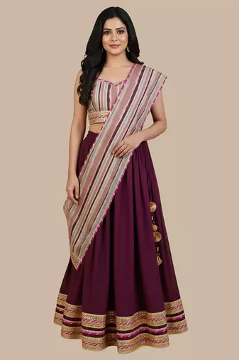 Wine Embroidered Cotton Lehenga Set