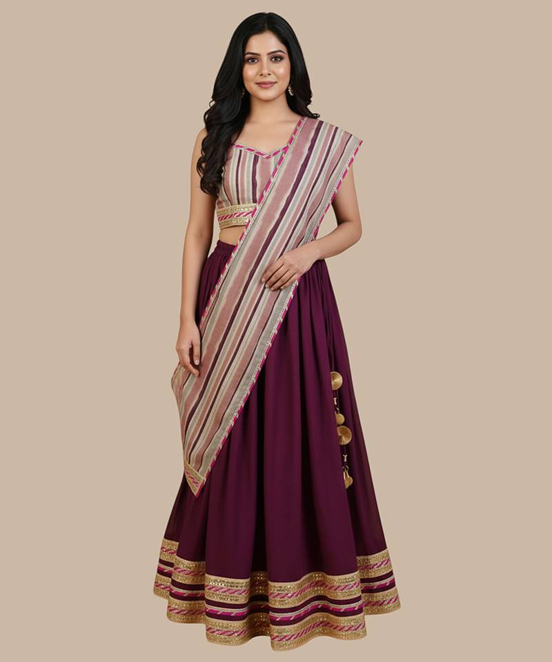 Wine Embroidered Cotton Lehenga Set