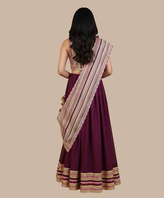Wine Embroidered Cotton Lehenga Set 2