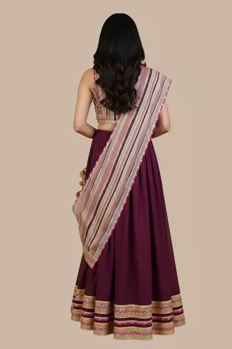 Wine Embroidered Cotton Lehenga Set