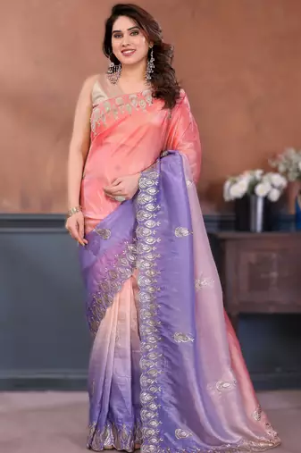 Lavender rich gold crush silk embroidered saree with multi-tone color