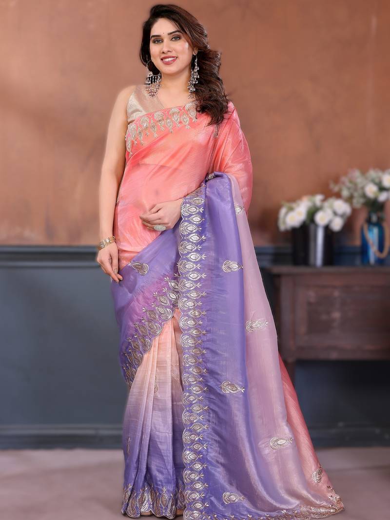 Lavender rich gold crush silk embroidered saree with multi-tone color