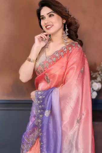 Lavender rich gold crush silk blend embroidered saree with multi-tone color