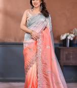 Peach rich gold crush silk embroidered saree with multi-tone color