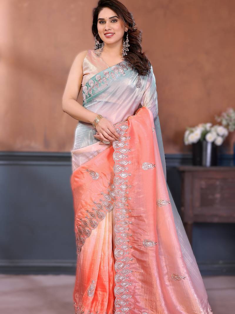 Peach rich gold crush silk embroidered saree with multi-tone color