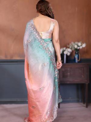 Peach rich gold crush silk blend embroidered saree with multi-tone color 2