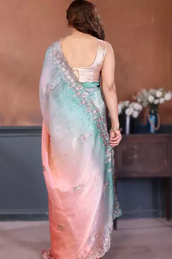 Peach rich gold crush silk blend embroidered saree with multi-tone color