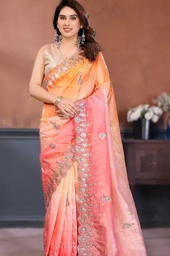 Orange rich gold crush silk embroidered saree with multi-tone color