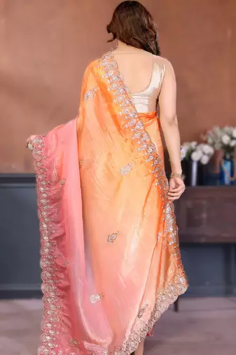 Orange rich gold crush silk blend embroidered saree with multi-tone color