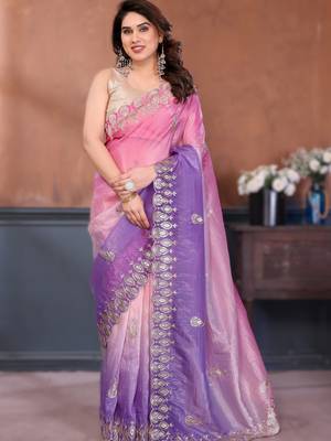 Pink rich gold crush silk blend embroidered saree with multi-tone color 1