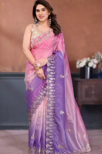 Pink rich gold crush silk embroidered saree with multi-tone color