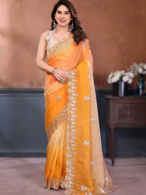 Yellow rich gold crush silk blend embroidered saree with multi-tone color 1