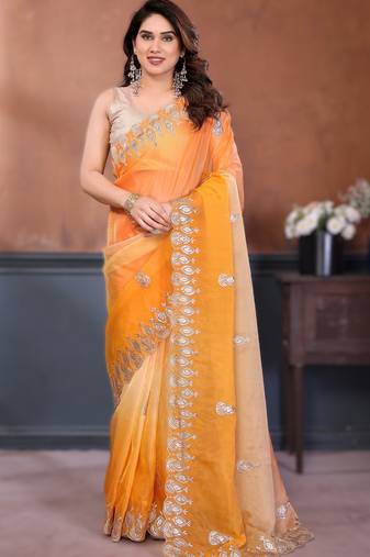 Yellow rich gold crush silk embroidered saree with multi-tone color