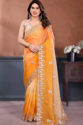Yellow rich gold crush silk embroidered saree with multi-tone color