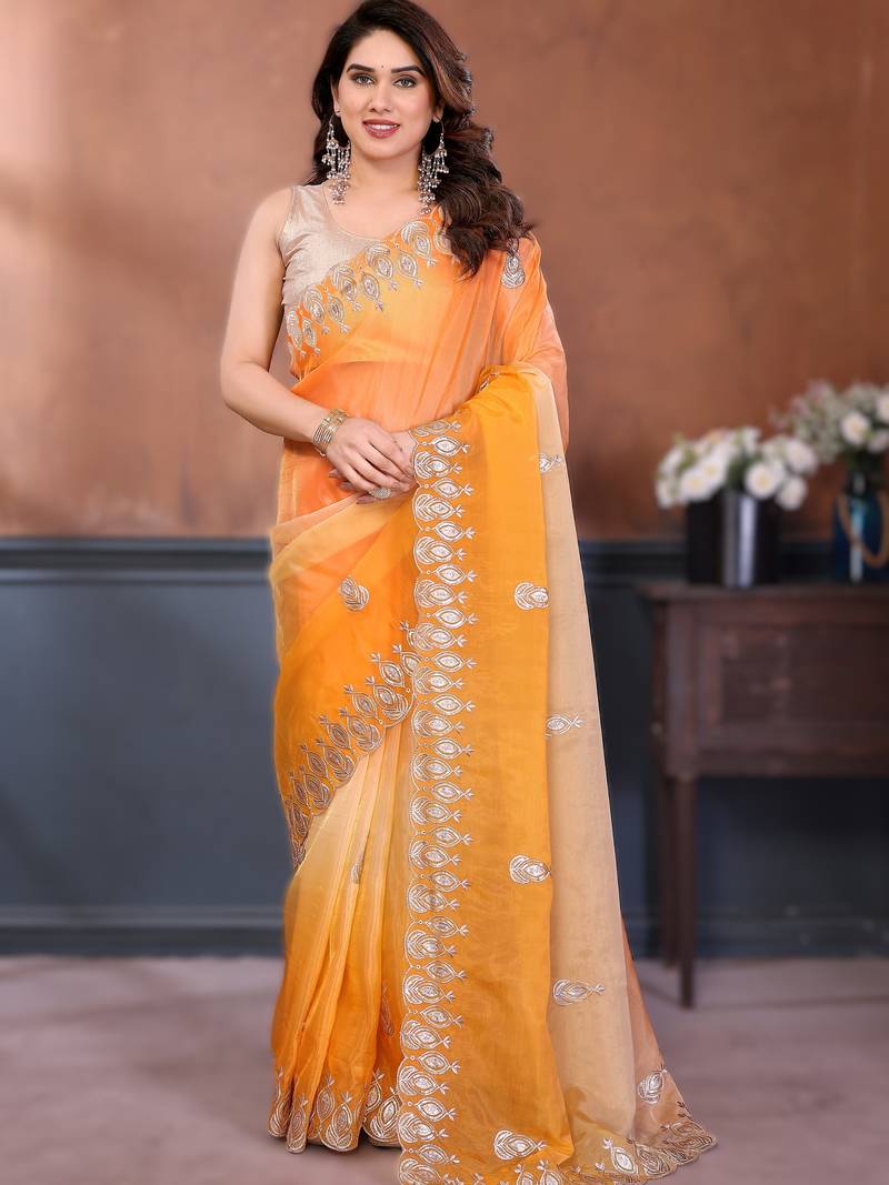 Yellow rich gold crush silk embroidered saree with multi-tone color