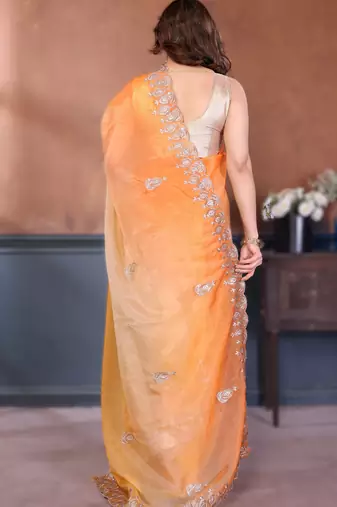 Yellow rich gold crush silk blend embroidered saree with multi-tone color