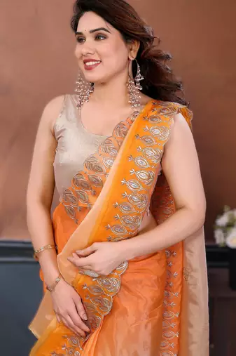 Yellow rich gold crush silk blend embroidered saree with multi-tone color