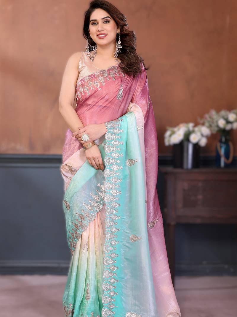 Burugandy rich gold crush silk embroidered saree with multi-tone color