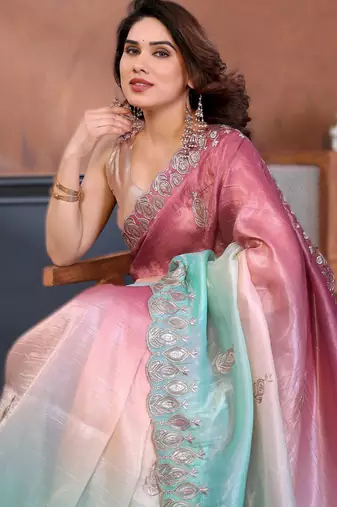 Burugandy rich gold crush silk blend embroidered saree with multi-tone color