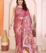Peach rich manipuri silk kalamkari digital print saree with mirror work border
