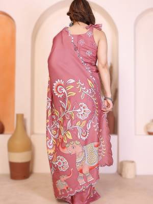 Peach rich manipuri silk blend kalamkari digital print saree with mirror work border 2