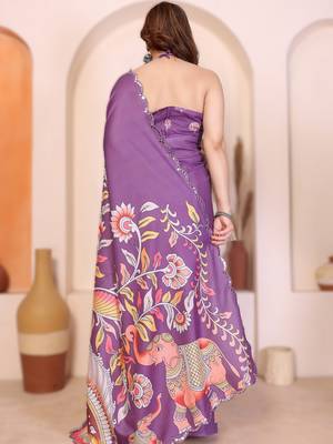 Dark purple rich manipuri silk blend kalamkari digital print saree with mirror work border 2