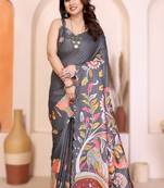 Grey rich manipuri silk kalamkari digital print saree with mirror work border