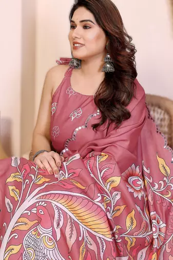 Peach rich manipuri silk blend kalamkari digital print saree with mirror work border