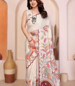 White rich manipuri silk kalamkari digital print saree with mirror work border