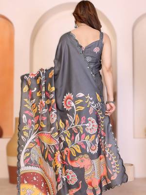Grey rich manipuri silk blend kalamkari digital print saree with mirror work border 2