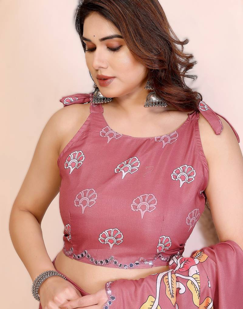 Peach rich manipuri silk kalamkari digital print saree with mirror work border