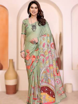 Parrot green rich manipuri silk blend kalamkari digital print saree with mirror work border 1