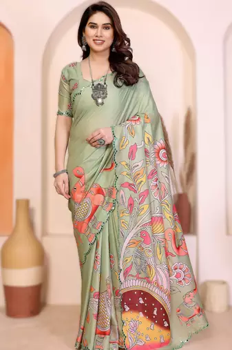 Parrot green rich manipuri silk kalamkari digital print saree with mirror work border