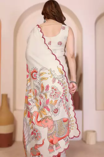 White rich manipuri silk blend kalamkari digital print saree with mirror work border