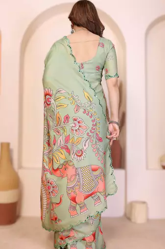 Parrot green rich manipuri silk blend kalamkari digital print saree with mirror work border