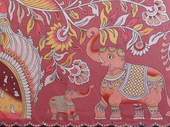 Peach rich manipuri silk blend kalamkari digital print saree with mirror work border 5