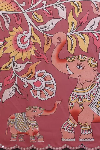 Peach rich manipuri silk blend kalamkari digital print saree with mirror work border